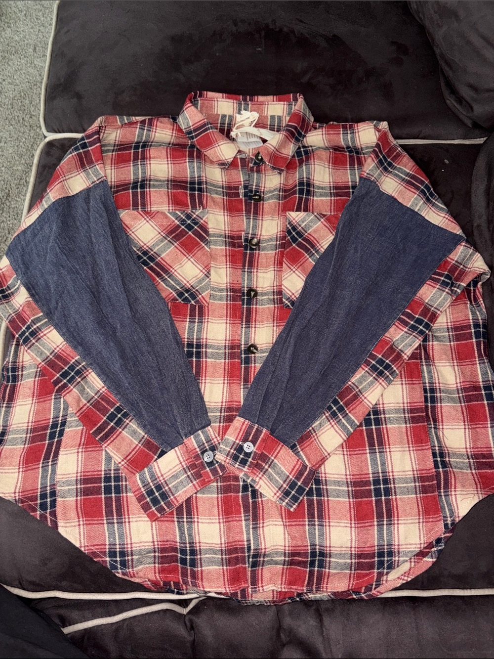 NWT- Hem & Thread- Red Plaid Button-Up Shirt with Navy Denim Sleeves